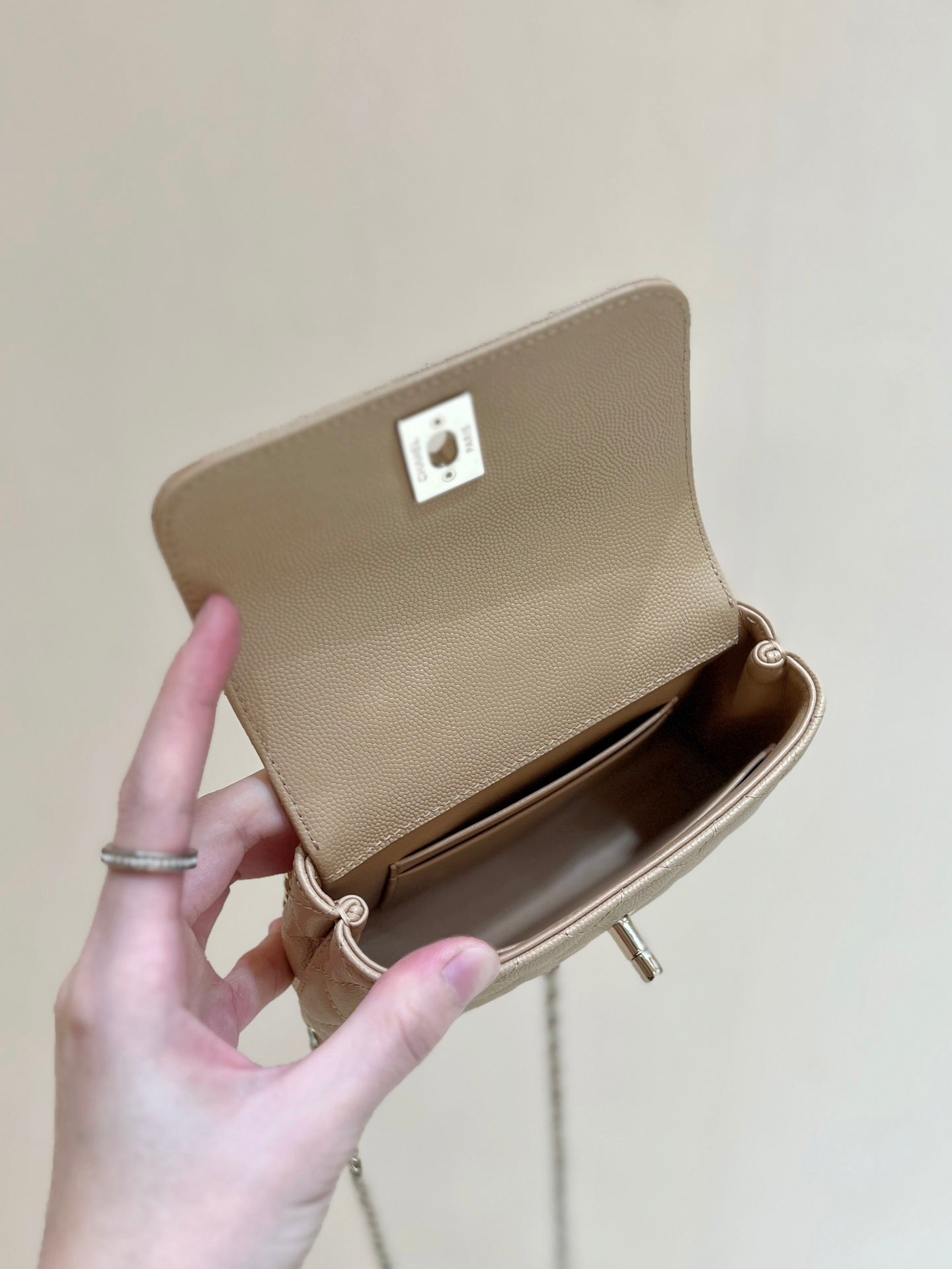 CC 24K Coco Hanle Nano 18cm Beige Grained Calfskin Gold Hardware