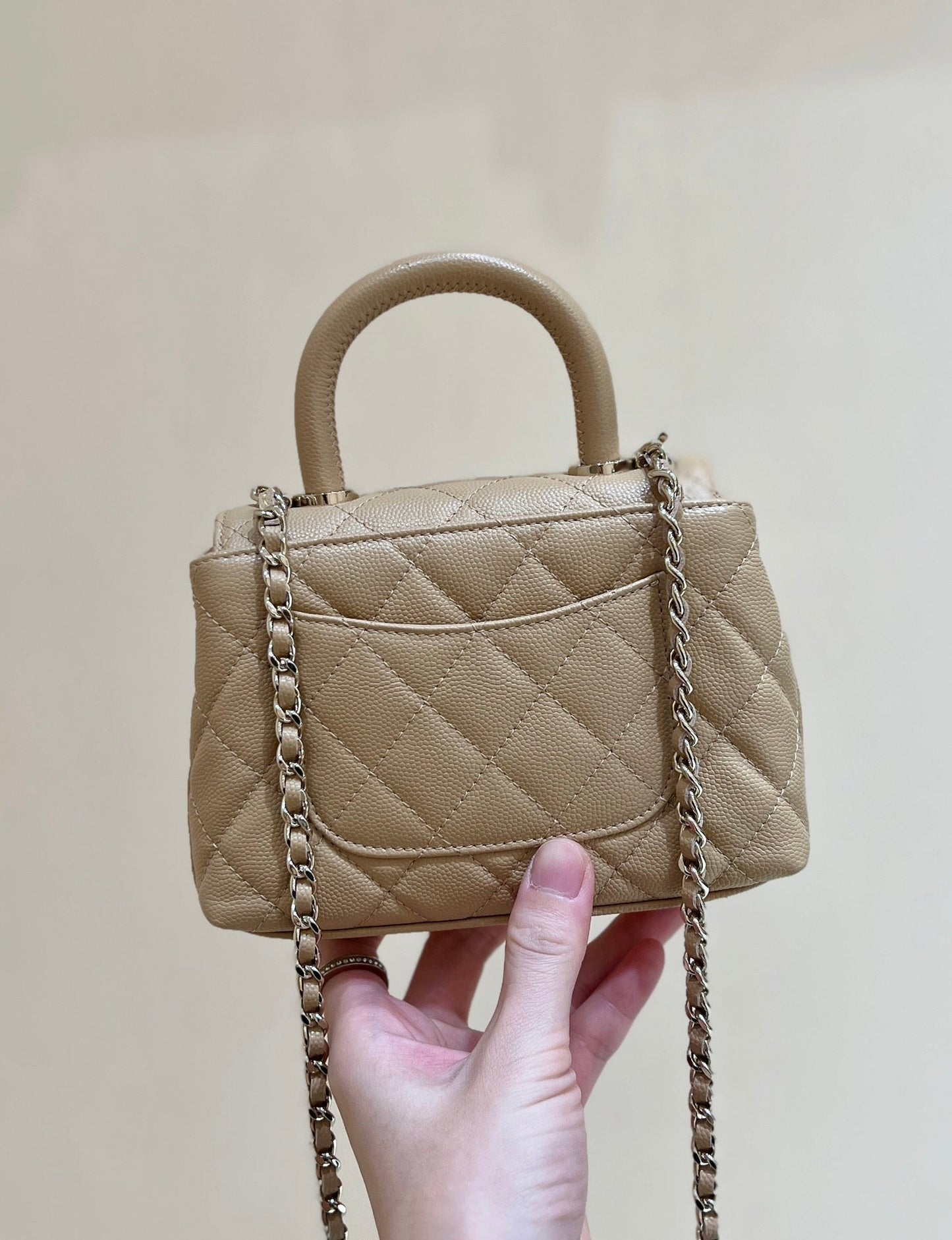 CC 24K Coco Hanle Nano 18cm Beige Grained Calfskin Gold Hardware