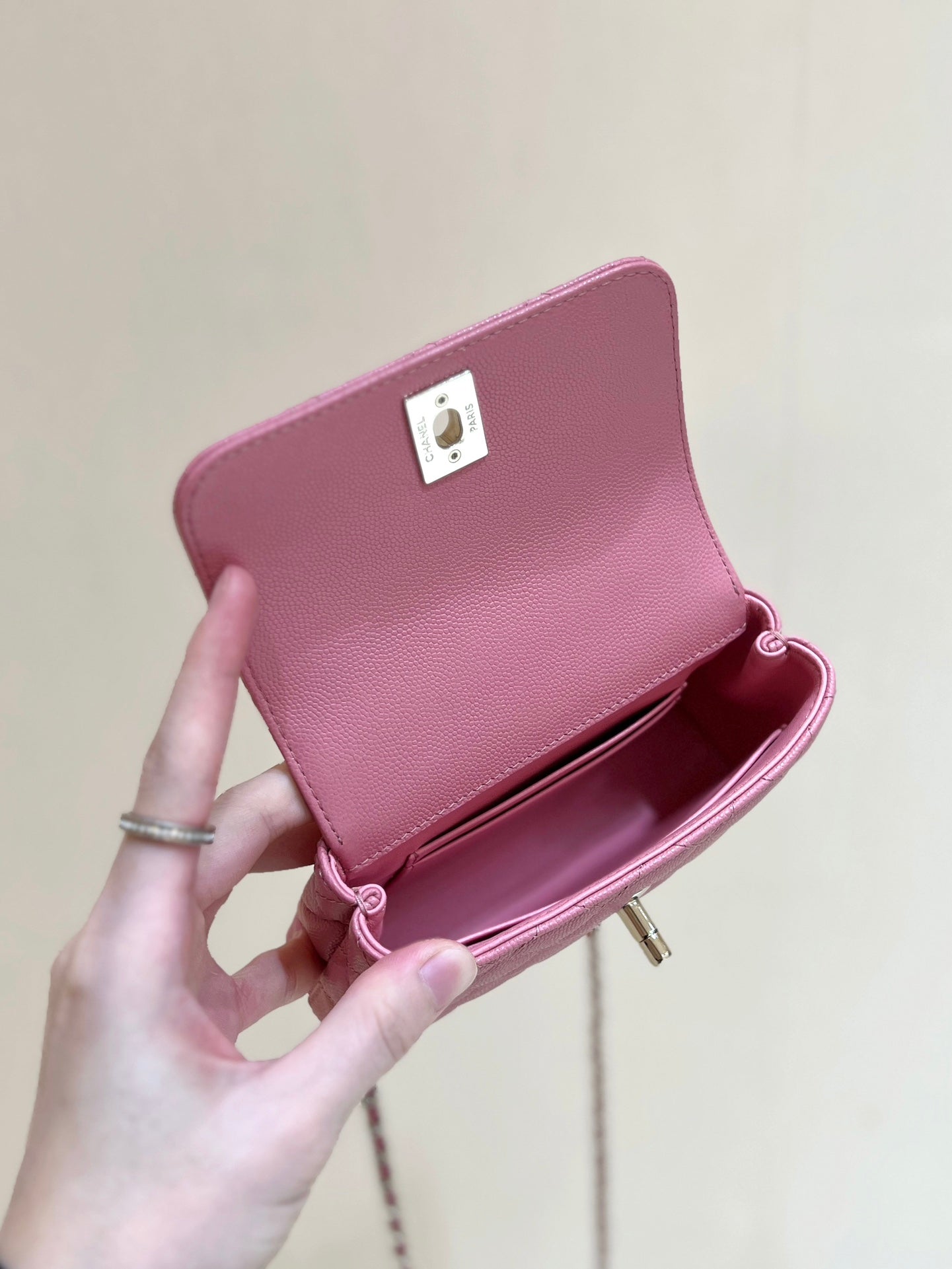 CC 24K Coco Hanle Nano 18cm Pink Grained Calfskin Gold Hardware