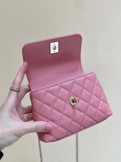 CC 24K Coco Hanle Nano 18cm Pink Grained Calfskin Gold Hardware