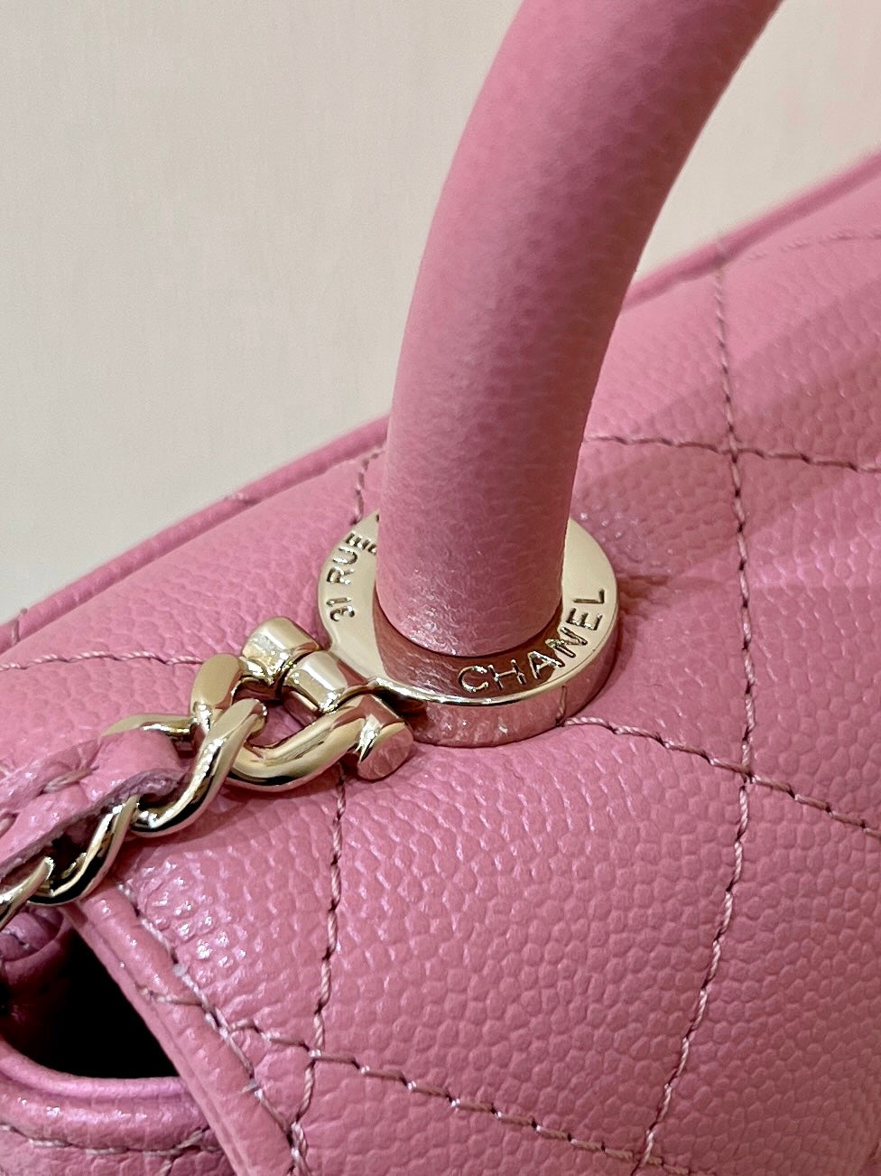 CC 24K Coco Hanle Nano 18cm Pink Grained Calfskin Gold Hardware