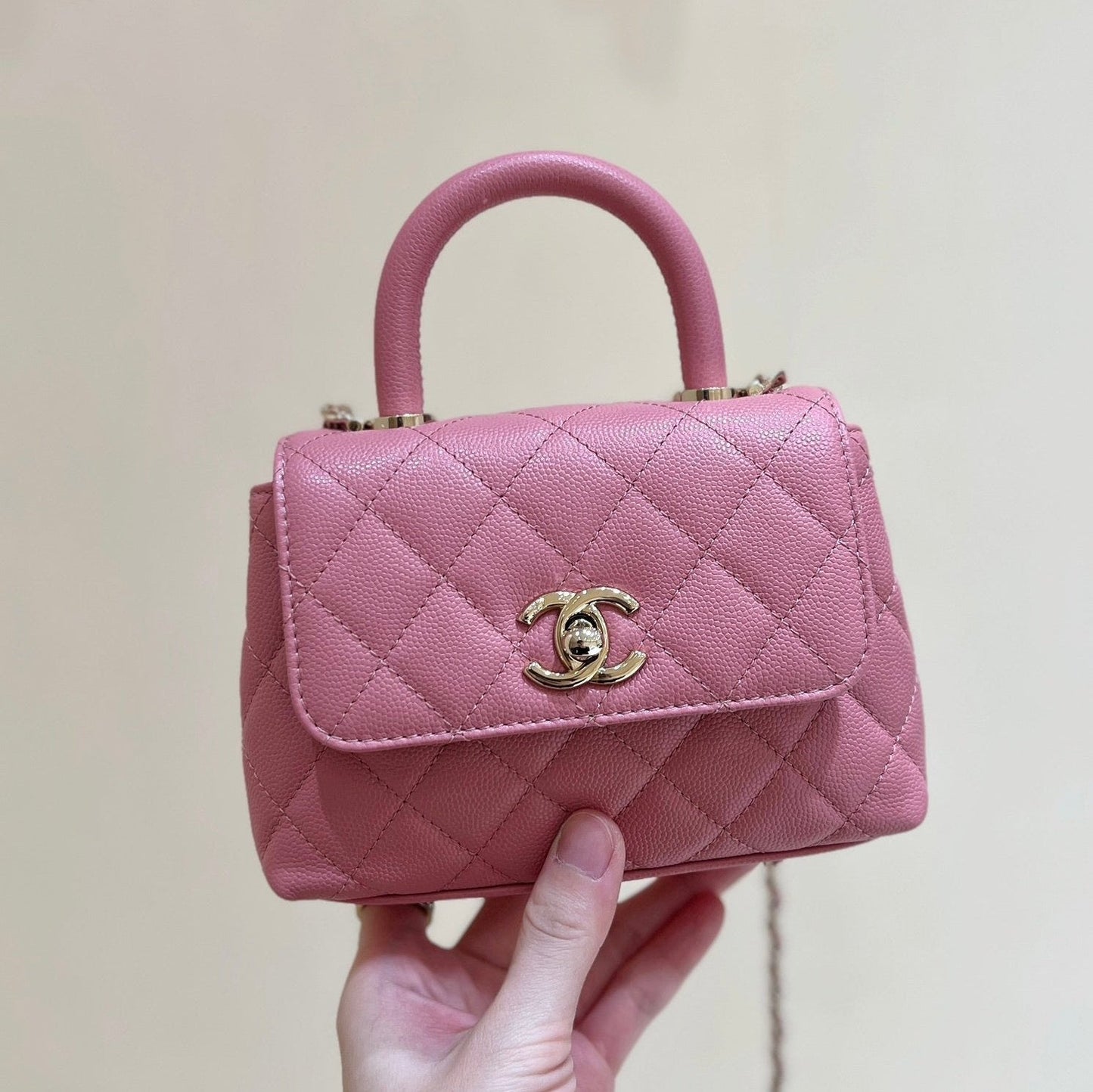 CC 24K Coco Hanle Nano 18cm Pink Grained Calfskin Gold Hardware