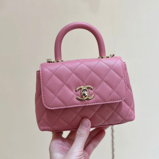 CC 24K Coco Hanle Nano 18cm Pink Grained Calfskin Gold Hardware