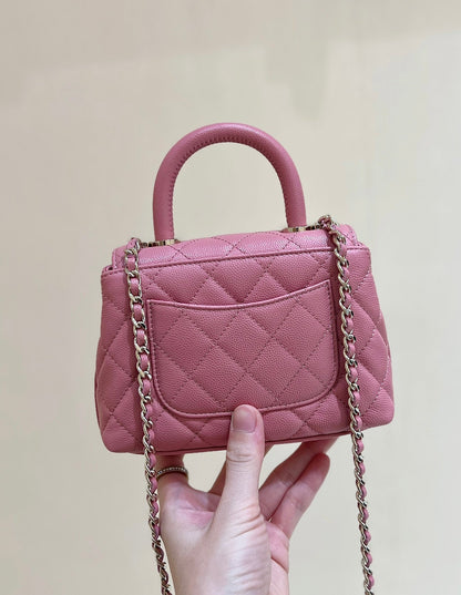CC 24K Coco Hanle Nano 18cm Pink Grained Calfskin Gold Hardware