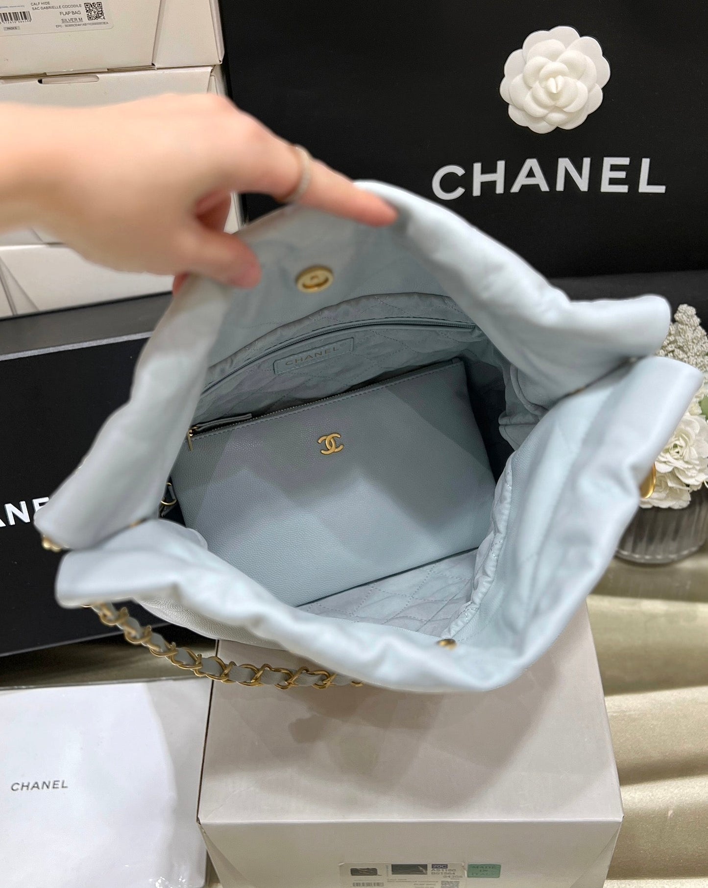 CC 24K Hobo 22 Bag Cloud Blue Grained Calfskin