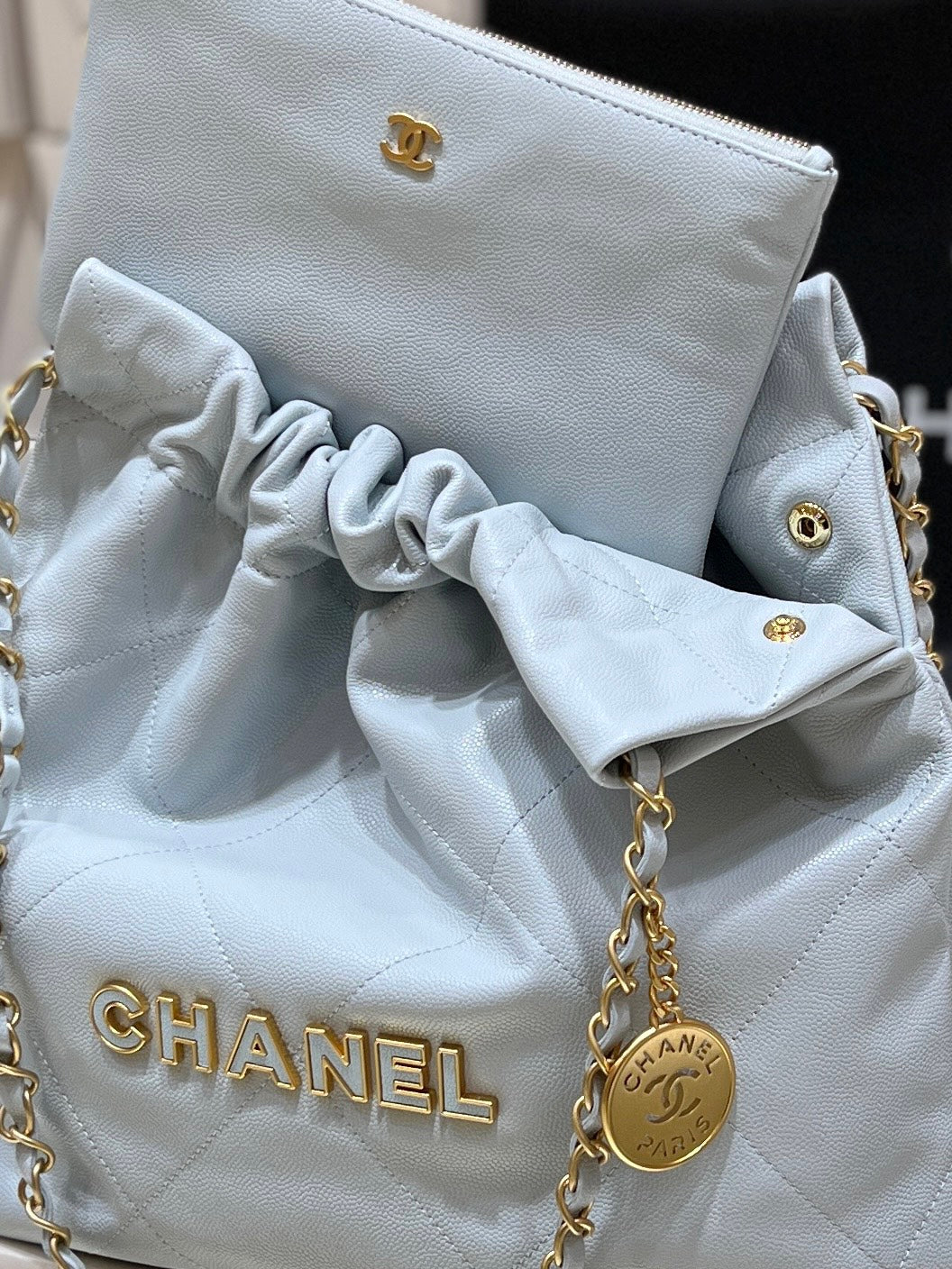 CC 24K Hobo 22 Bag Cloud Blue Grained Calfskin