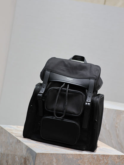 CITY MULTI-POCKET BACKPACK 42 IN BLACK NYLON AND SMOOTH CALFSKIN