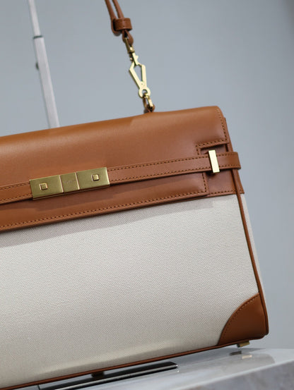 MANHATTAN HANDBAG 32 IN BROWN CALFSKIN AND WHITE CANVAS GOLD HARDWARE
