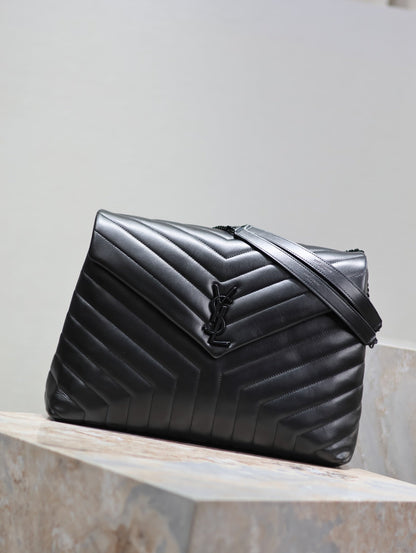 LOULOU LARGE 36 IN BLACK QUILTED CALFSKIN BLACK HARDWARE