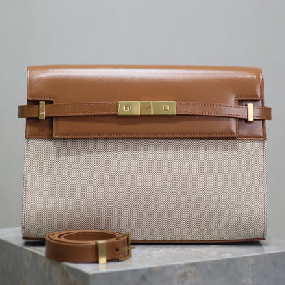 MANHATTAN MEDIUM 29 IN WHITE CANVAS AND BROWN CALFSKIN GOLD BUCKLE