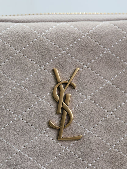 GABY ZIPPED POUCH 19 IN GRAY MATTE SUEDE GOLD HARDWARE