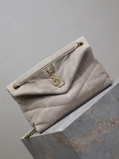 PUFFER BAG 29 IN OYSTER TAN SUEDE GOLD HARDWARE