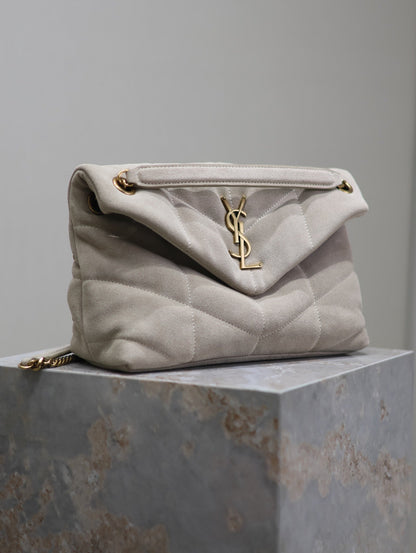 PUFFER BAG 29 IN OYSTER TAN SUEDE GOLD HARDWARE