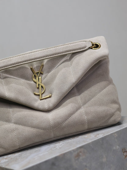 PUFFER BAG 29 IN OYSTER TAN SUEDE GOLD HARDWARE