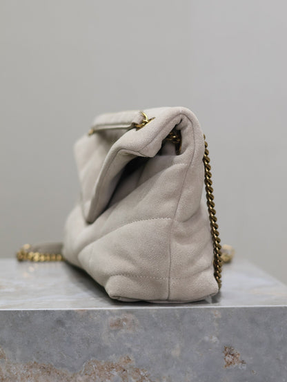 PUFFER BAG 29 IN OYSTER TAN SUEDE GOLD HARDWARE