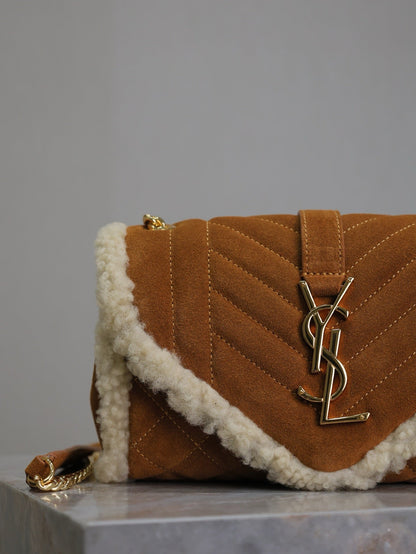 ENVELOPE CHAIN BAG 21 IN BRONZE BROWN SUEDE AND WHITE SHEARLING TRIM GOLD HARDWARE