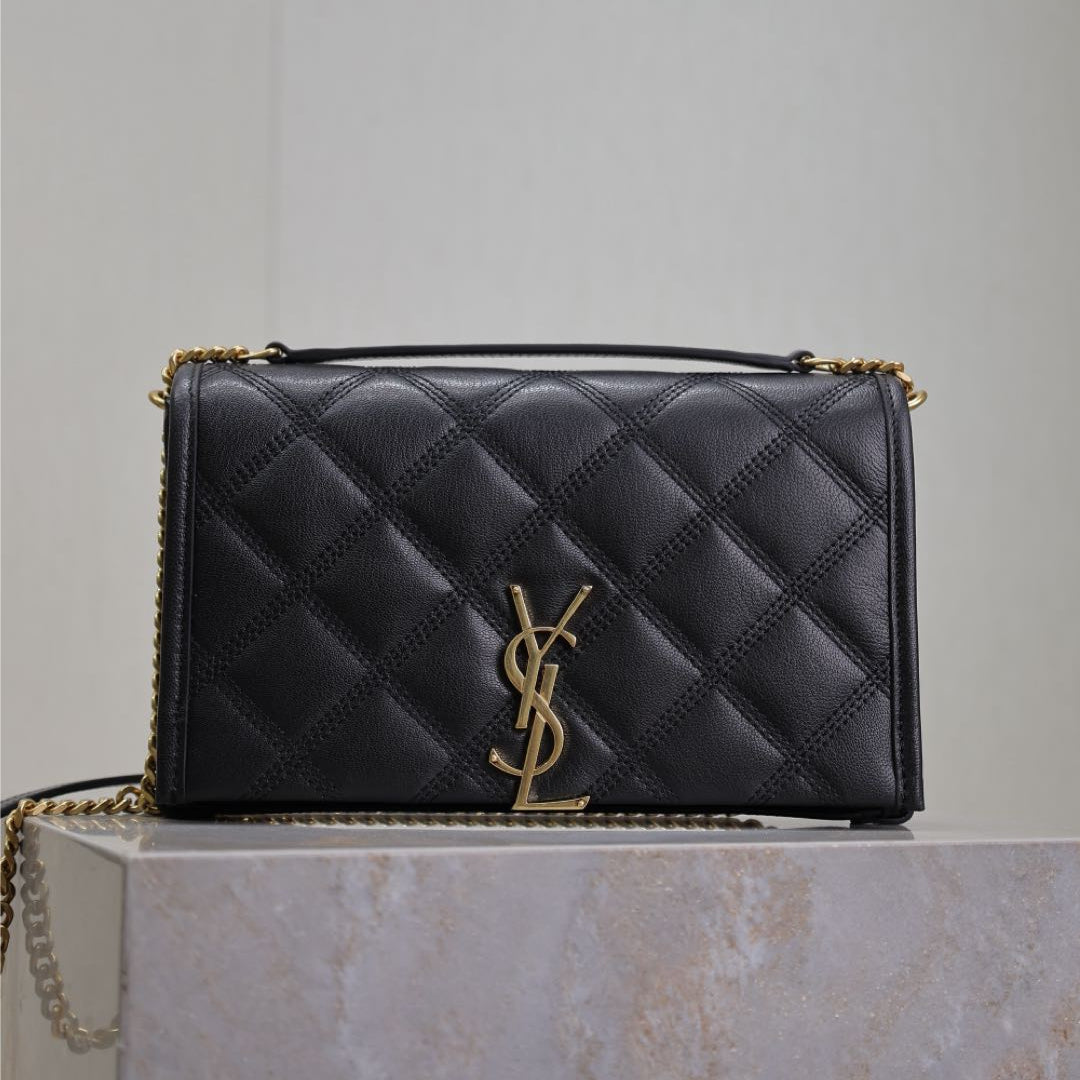 BECKY 22 IN BLACK QUILTED LAMBSKIN GOLD HARDWARE