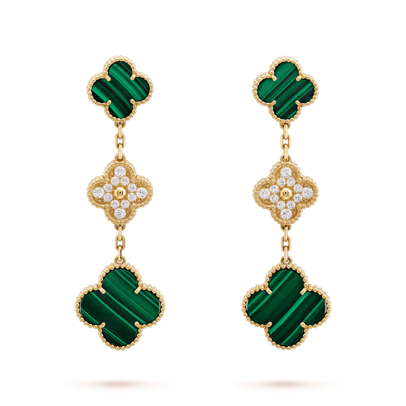 DIANA CLOVER EARRINGS GOLD MALACHITE DIAMOND 3 MOTIF