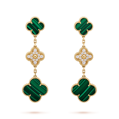 DIANA CLOVER EARRINGS GOLD MALACHITE DIAMOND 3 MOTIF