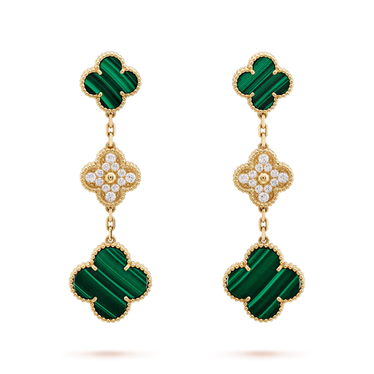 DIANA CLOVER EARRINGS GOLD MALACHITE DIAMOND 3 MOTIF