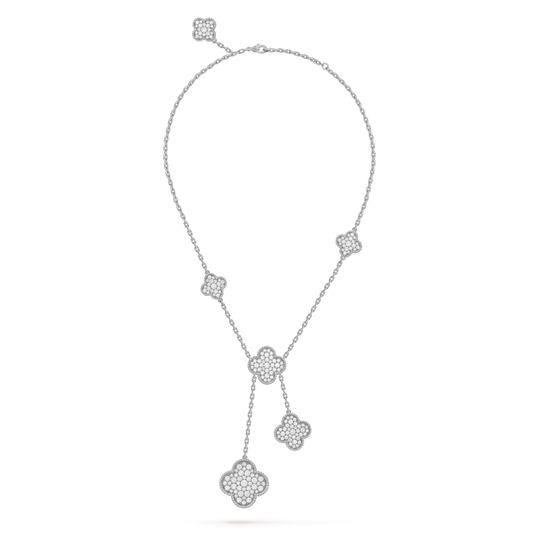 DIANA CLOVER 5 MOTIFS SILVER DIAMONDS NECKLACE