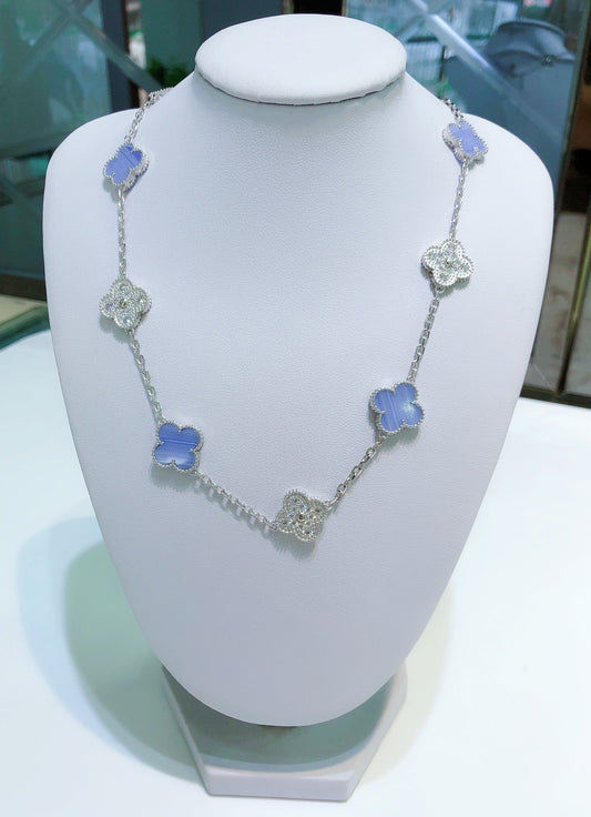 DIANA CLOVER 10 MOTIFS CHALCEDONY DIAMONDS SILVER NECKLACE