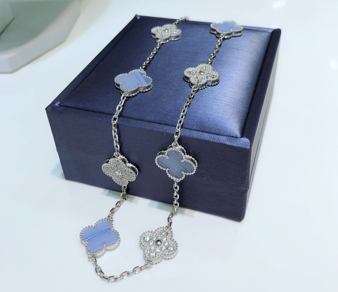 DIANA CLOVER 10 MOTIFS CHALCEDONY DIAMONDS SILVER NECKLACE