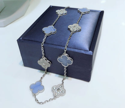 DIANA CLOVER 10 MOTIFS CHALCEDONY DIAMONDS SILVER NECKLACE
