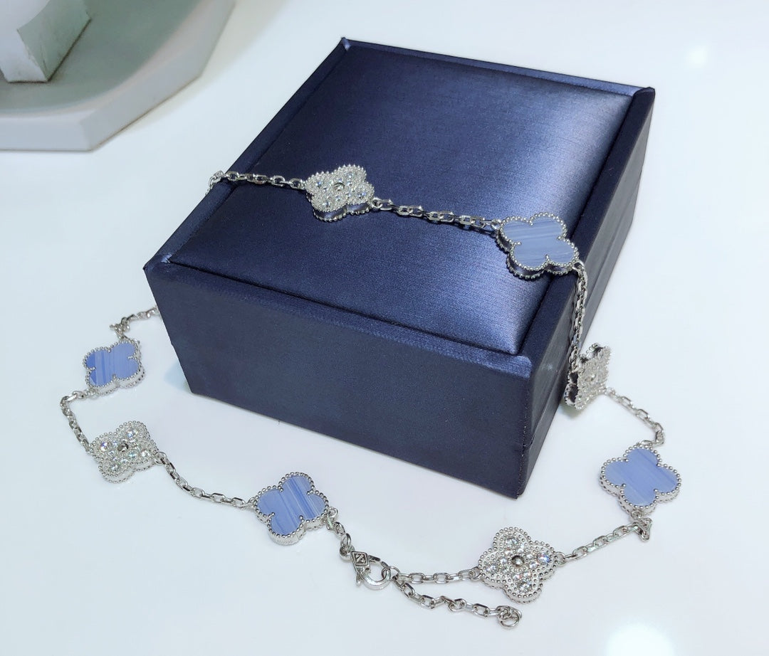 DIANA CLOVER 10 MOTIFS CHALCEDONY DIAMONDS SILVER NECKLACE