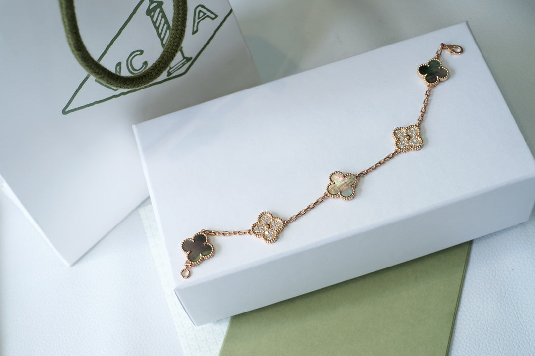DIANA CLOVER 5 MOTIFS DARK MOP AND DIAMONDS PINK GOLD BRACELET