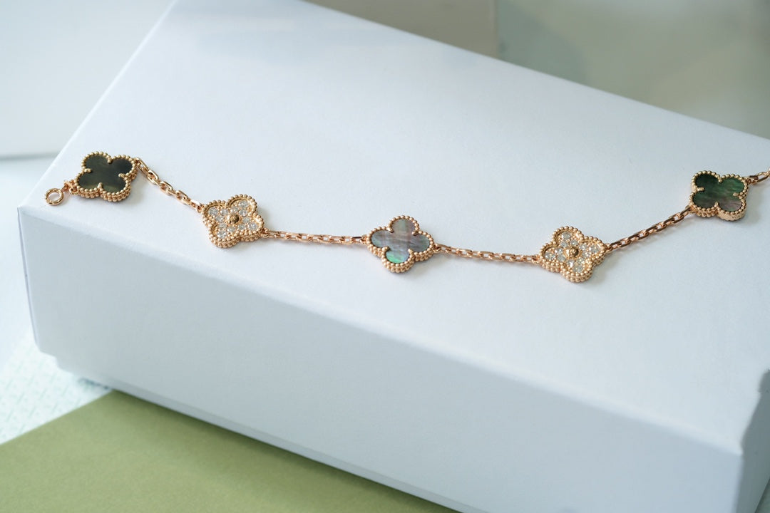 DIANA CLOVER 5 MOTIFS DARK MOP AND DIAMONDS PINK GOLD BRACELET