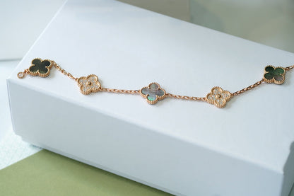 DIANA CLOVER 5 MOTIFS DARK MOP AND DIAMONDS PINK GOLD BRACELET