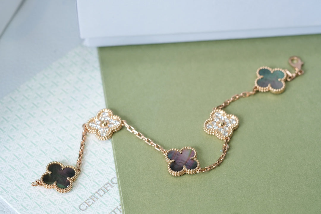 DIANA CLOVER 5 MOTIFS DARK MOP AND DIAMONDS PINK GOLD BRACELET