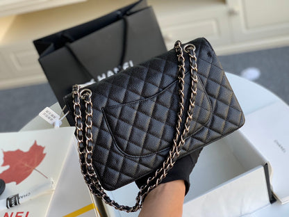 MEDIUM FLAP BAG 25CM BLACK CAVIAR SILVER HARDWARE