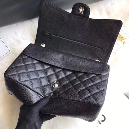 FLAP BAG 33CM BLACK CAVIAR SILVER HARDWARE