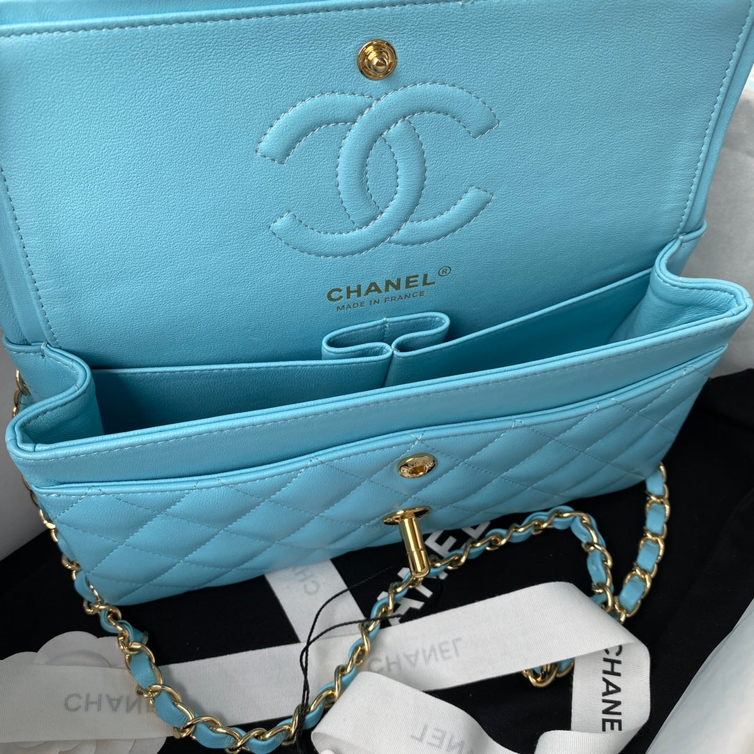 Medium Classic Flap Bag 23cm Blue Sky Lambskin Gold Hardware