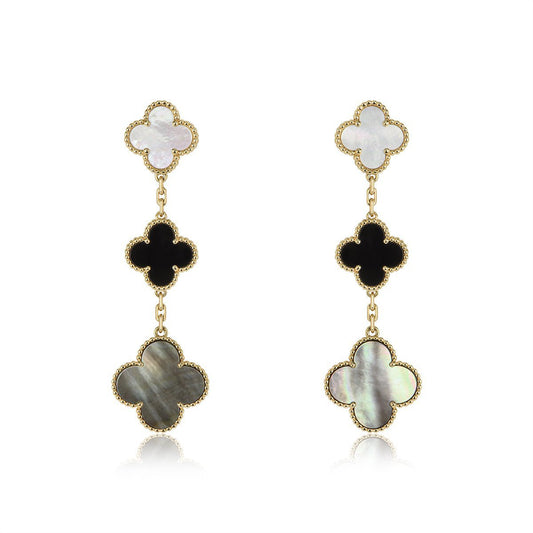 DIANA CLOVER EARRINGS GOLD ONYX MOP 3 MOTIF